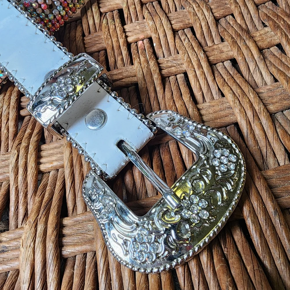 Girls White Leather Western Crystal Silver Buckle Belt 25‎